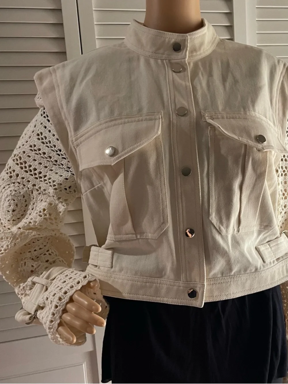 Veronica Beard Cream Crochet-Sleeve Jean Jacket - Picture 6 of 9